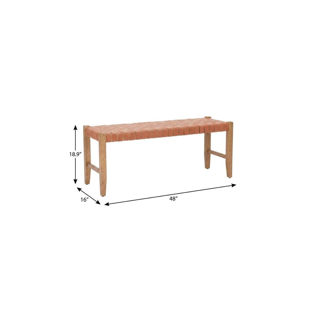 48" Brown And Natural Genuine Leather And Solid Wood Upholstered Dining Bench — view 8