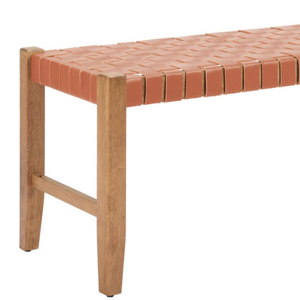 48" Brown And Natural Genuine Leather And Solid Wood Upholstered Dining Bench — view 2
