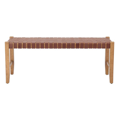 48" Brown And Natural Genuine Leather And Solid Wood Upholstered Dining Bench