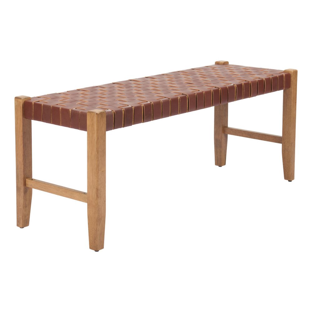 48" Brown And Natural Genuine Leather And Solid Wood Upholstered Dining Bench — view 12