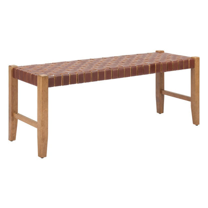 48" Brown And Natural Genuine Leather And Solid Wood Upholstered Dining Bench