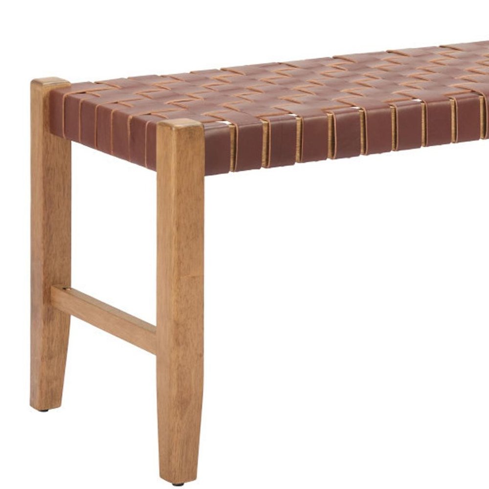 48" Brown And Natural Genuine Leather And Solid Wood Upholstered Dining Bench — view 9