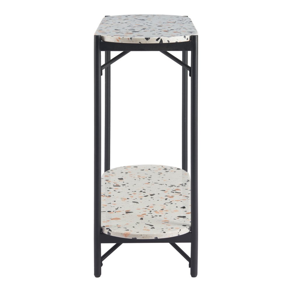 36" White and Black Faux Terrazzo and Steel Oval Console Table With Shelf HomeRoots