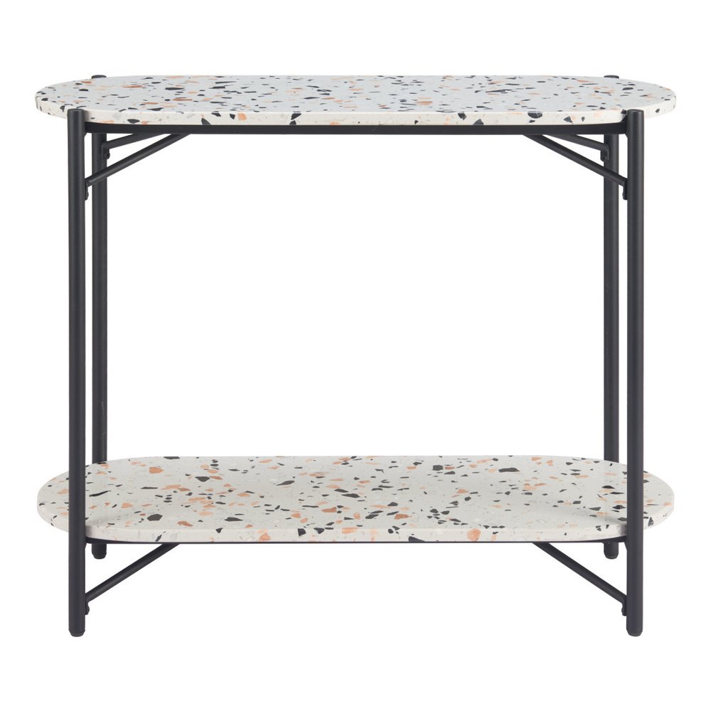36" White and Black Faux Terrazzo and Steel Oval Console Table With Shelf HomeRoots