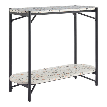 36" White and Black Faux Terrazzo and Steel Oval Console Table With Shelf HomeRoots