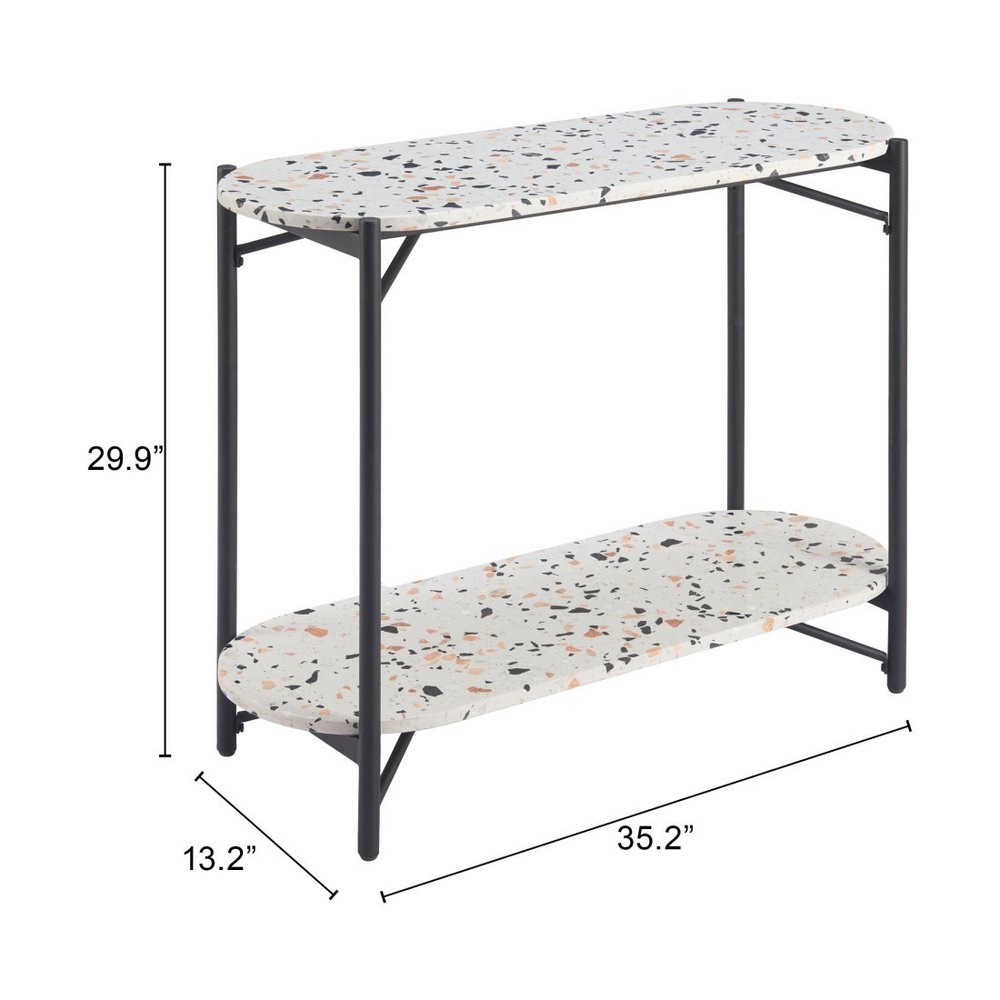 36" White and Black Faux Terrazzo and Steel Oval Console Table With Shelf HomeRoots