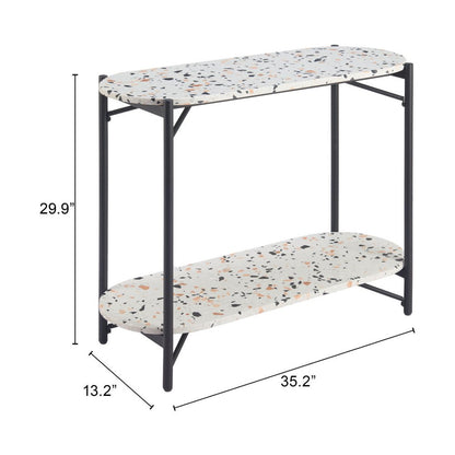 36" White and Black Faux Terrazzo and Steel Oval Console Table With Shelf HomeRoots