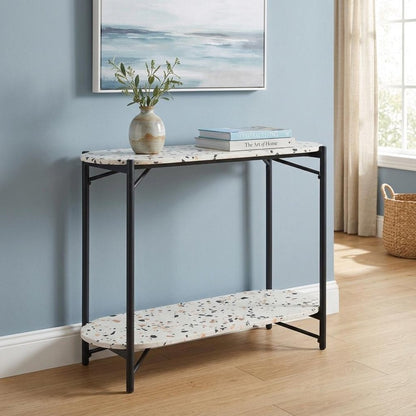 36" White and Black Faux Terrazzo and Steel Oval Console Table With Shelf HomeRoots