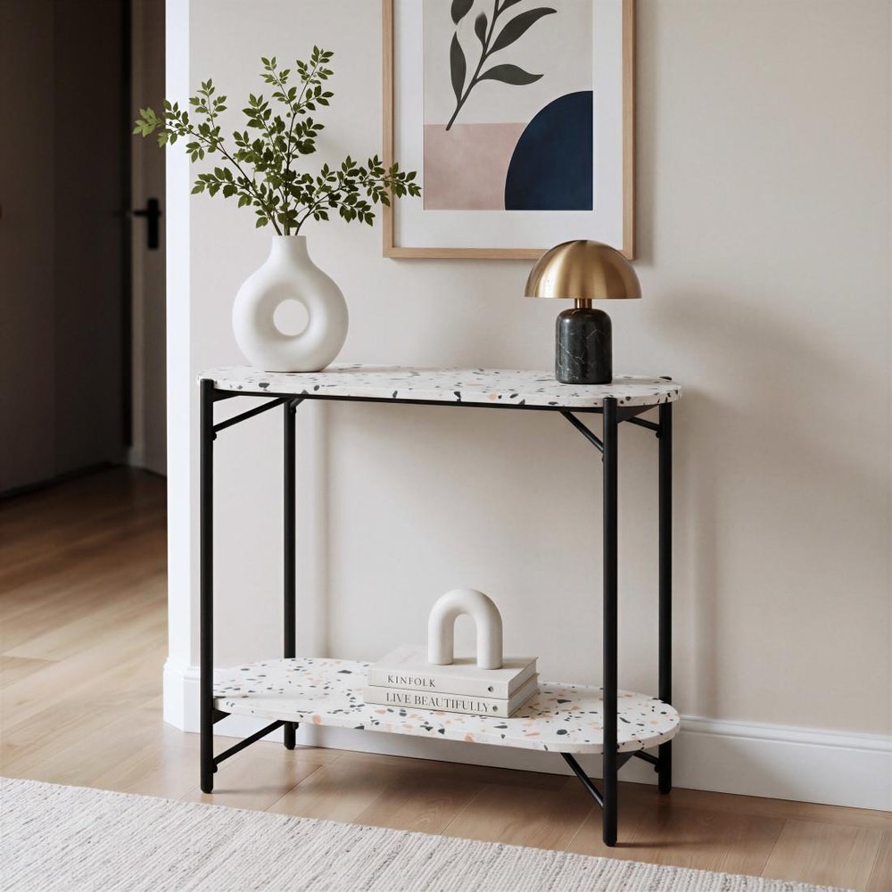 36" White and Black Faux Terrazzo and Steel Oval Console Table With Shelf HomeRoots