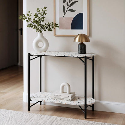 36" White and Black Faux Terrazzo and Steel Oval Console Table With Shelf HomeRoots