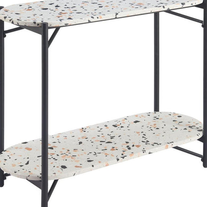 36" White and Black Faux Terrazzo and Steel Oval Console Table With Shelf HomeRoots