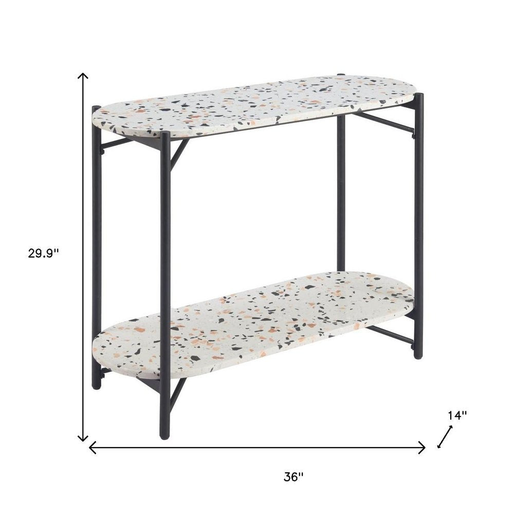 36" White and Black Faux Terrazzo and Steel Oval Console Table With Shelf HomeRoots