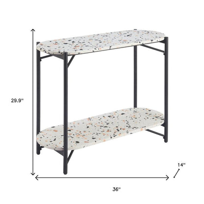 36" White and Black Faux Terrazzo and Steel Oval Console Table With Shelf HomeRoots