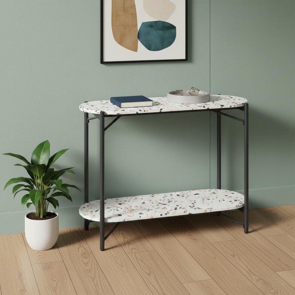 36" White and Black Faux Terrazzo and Steel Oval Console Table With Shelf HomeRoots