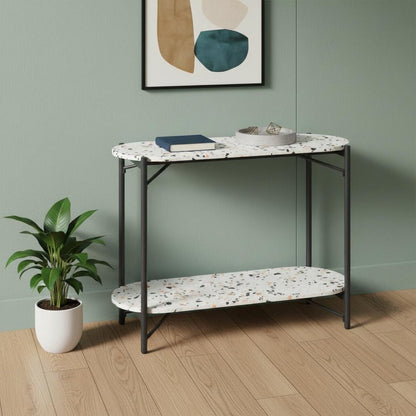 36" White and Black Faux Terrazzo and Steel Oval Console Table With Shelf HomeRoots