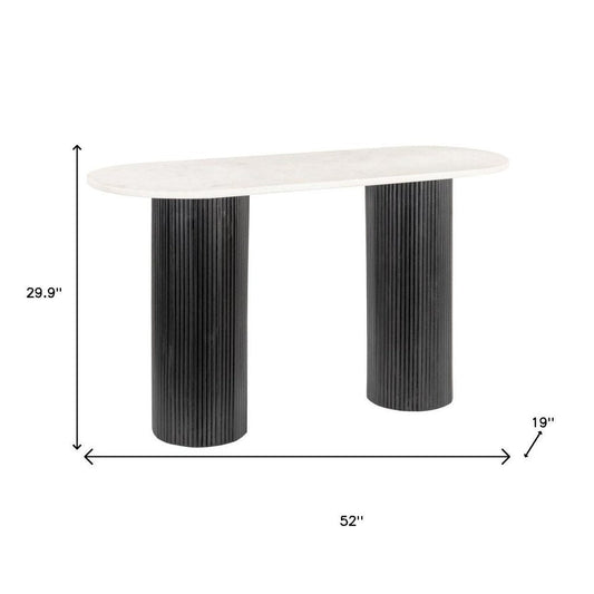 52" White and Black Genuine Marble and Solid Wood Oval Double Pedestal Console Table HomeRoots