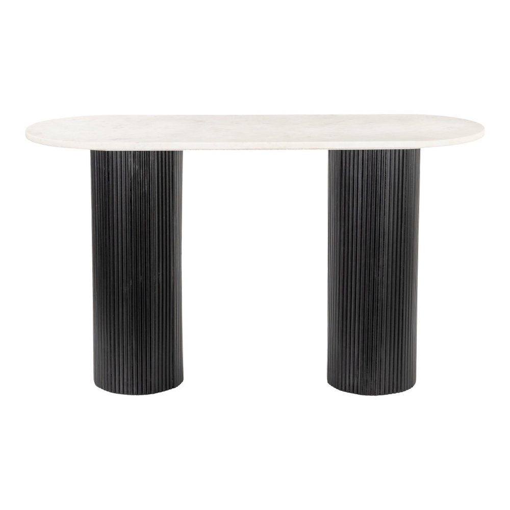 52" White and Black Genuine Marble and Solid Wood Oval Double Pedestal Console Table HomeRoots