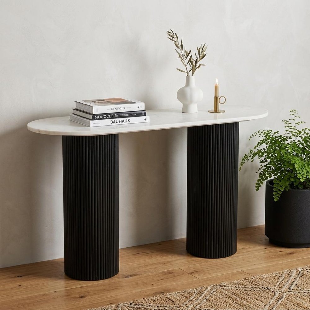 52" White and Black Genuine Marble and Solid Wood Oval Double Pedestal Console Table HomeRoots