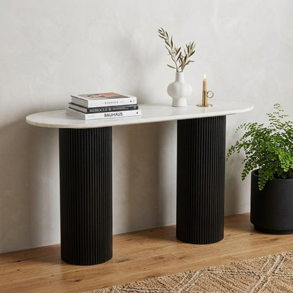 52" White and Black Genuine Marble and Solid Wood Oval Double Pedestal Console Table HomeRoots