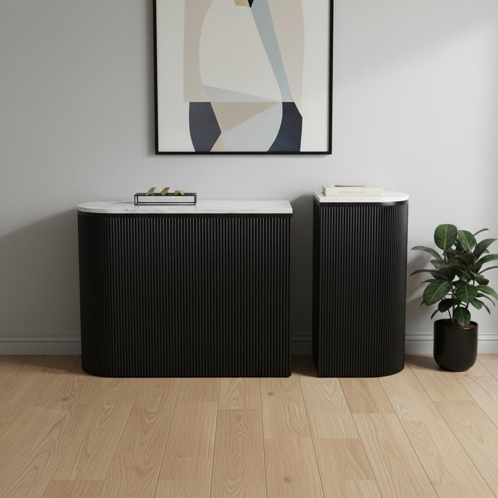 Set of Two 35" White and Black Genuine Marble and Solid Wood Oval Solid Console Tables HomeRoots
