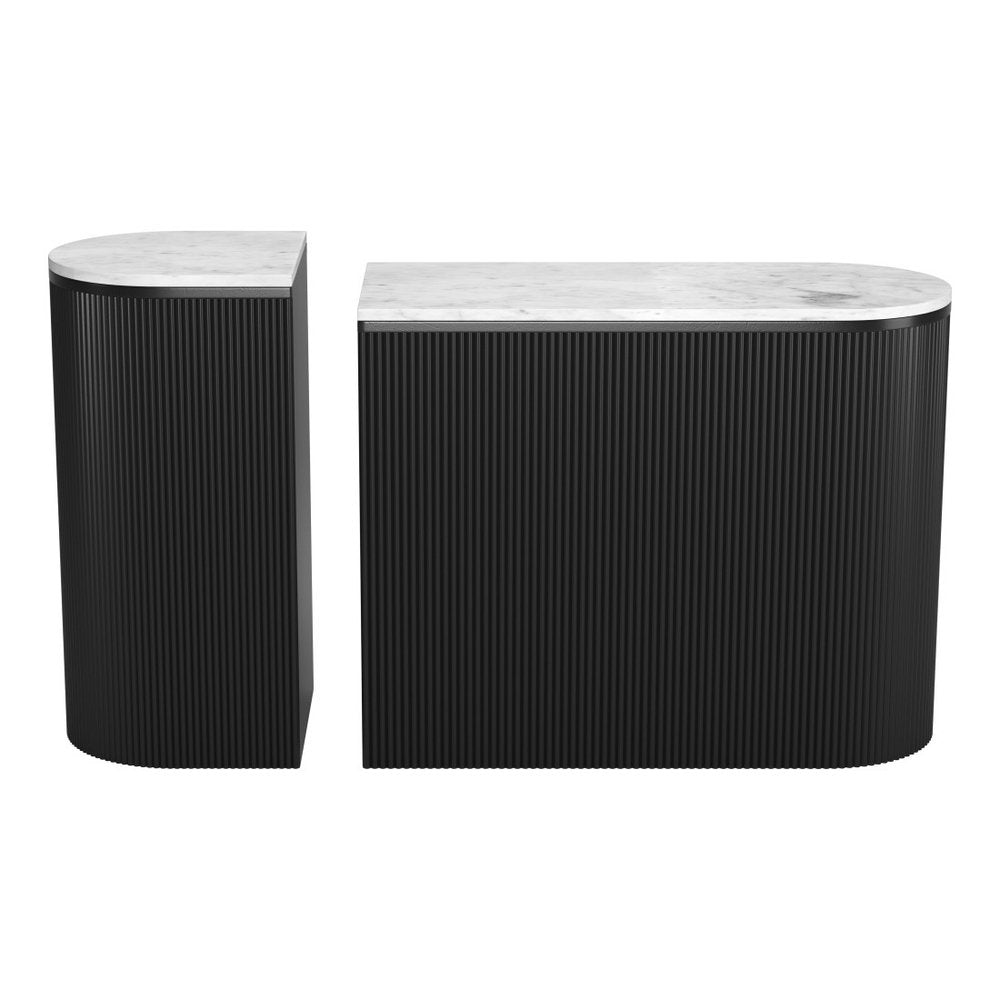 Set of Two 35" White and Black Genuine Marble and Solid Wood Oval Solid Console Tables HomeRoots