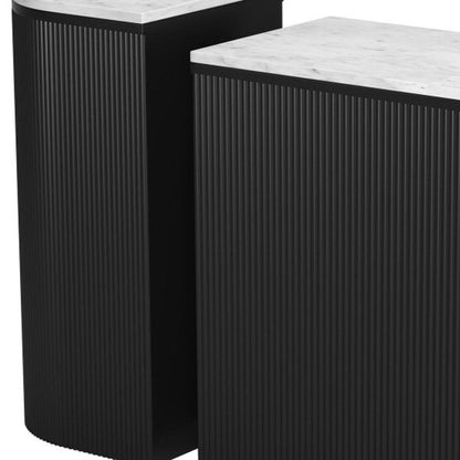 Set of Two 35" White and Black Genuine Marble and Solid Wood Oval Solid Console Tables HomeRoots