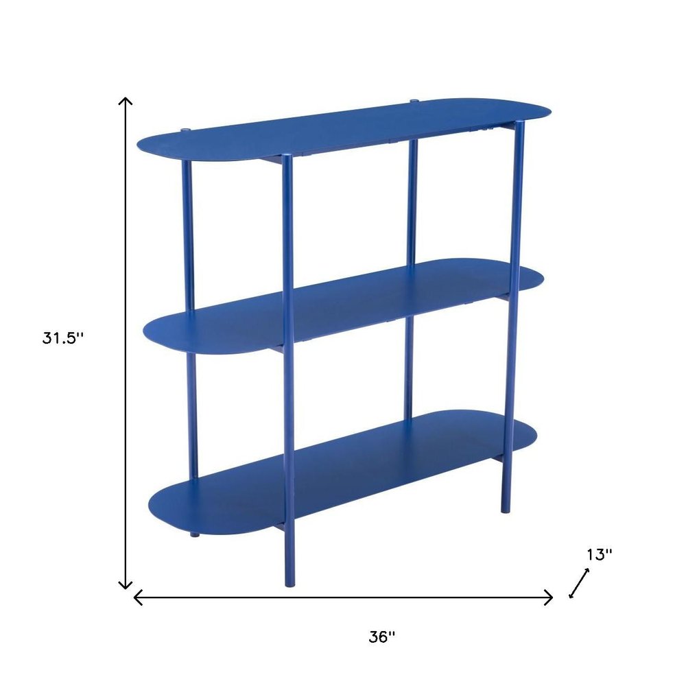 36" Blue Steel Oval Console Table With Two Shelves HomeRoots