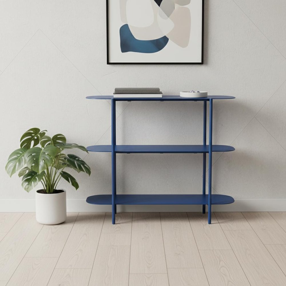 36" Blue Steel Oval Console Table With Two Shelves HomeRoots