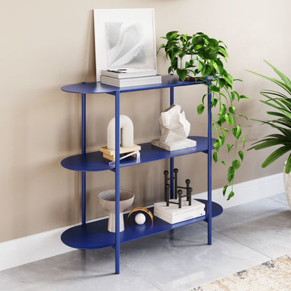 36" Blue Steel Oval Console Table With Two Shelves HomeRoots