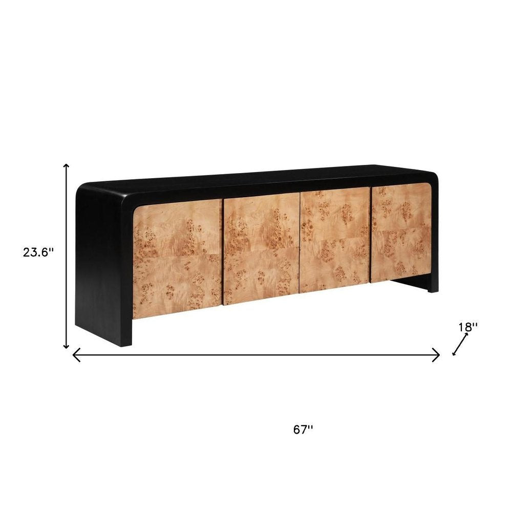 67" Black And Natural Solid Wood Sideboard with Four Doors HomeRoots