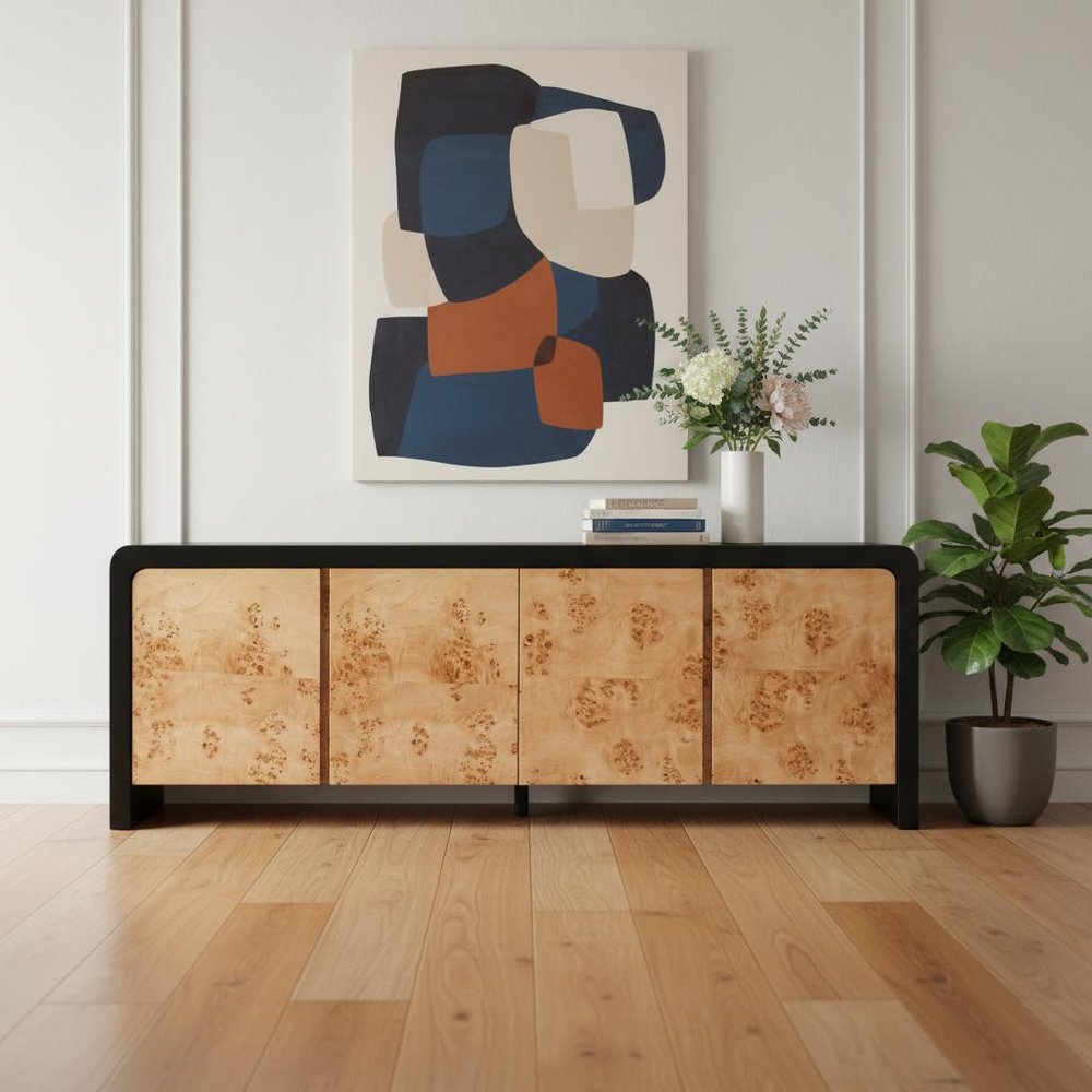67" Black And Natural Solid Wood Sideboard with Four Doors HomeRoots