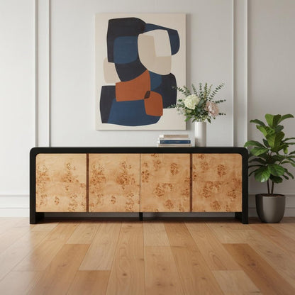 67" Black And Natural Solid Wood Sideboard with Four Doors HomeRoots