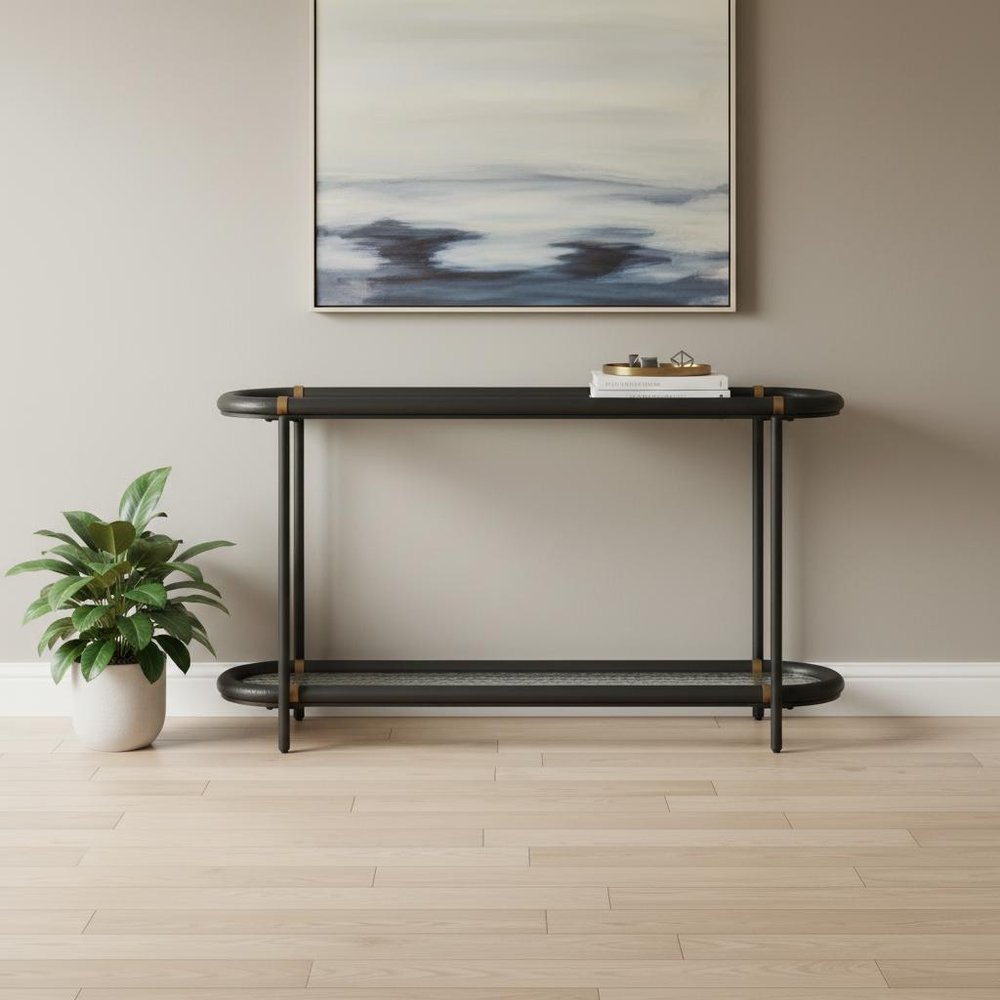 52" Black and Clear Glass Solid Wood and Steel Oval Console Table With Shelf HomeRoots