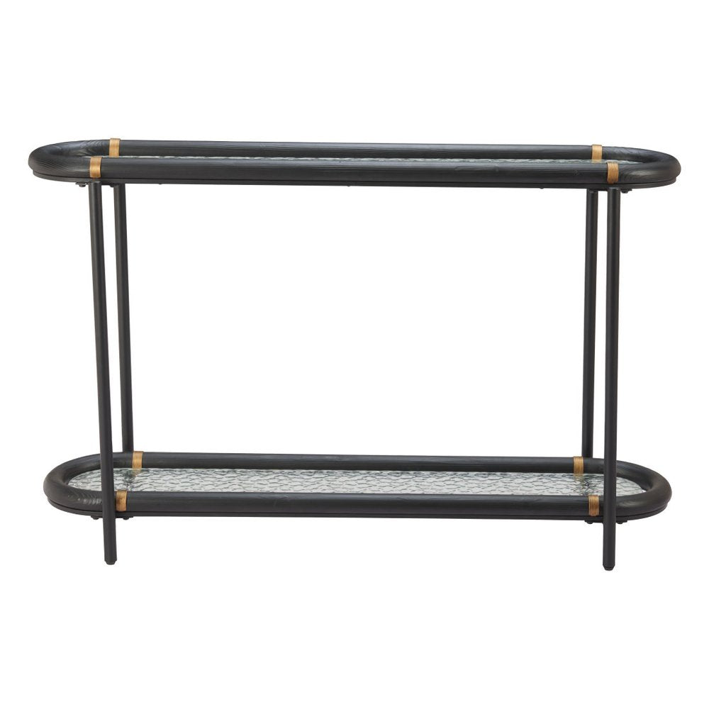 52" Black and Clear Glass Solid Wood and Steel Oval Console Table With Shelf HomeRoots