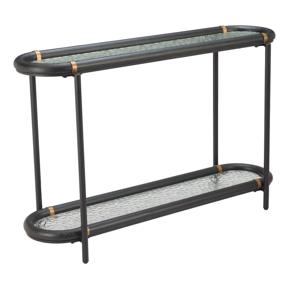 52" Black and Clear Glass Solid Wood and Steel Oval Console Table With Shelf HomeRoots
