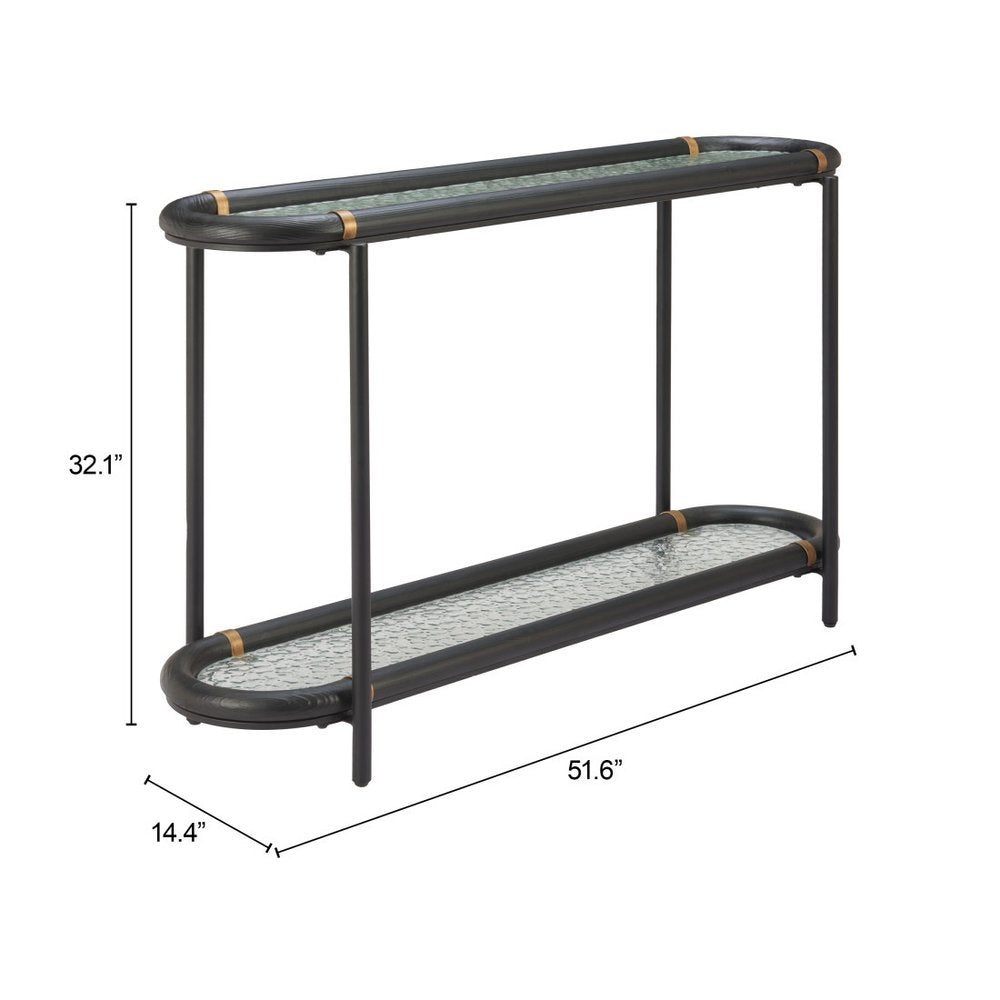 52" Black and Clear Glass Solid Wood and Steel Oval Console Table With Shelf HomeRoots