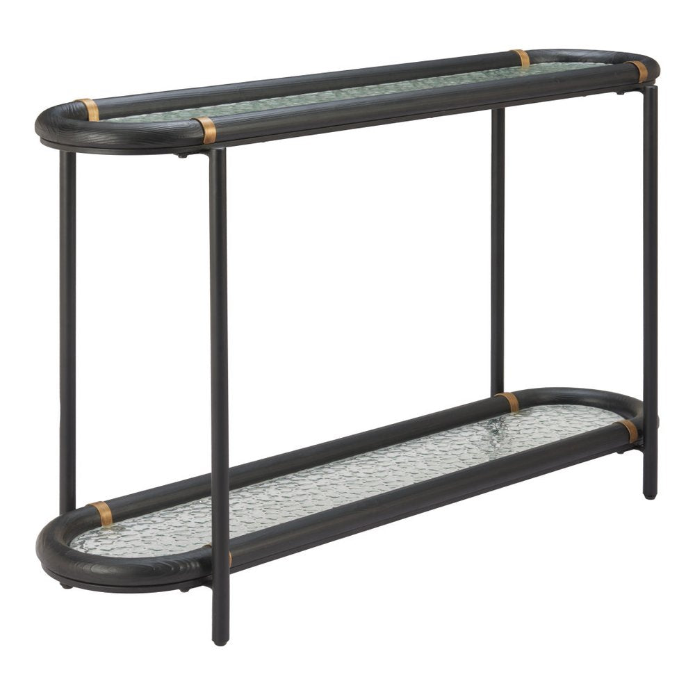 52" Black and Clear Glass Solid Wood and Steel Oval Console Table With Shelf HomeRoots