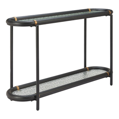 52" Black and Clear Glass Solid Wood and Steel Oval Console Table With Shelf HomeRoots