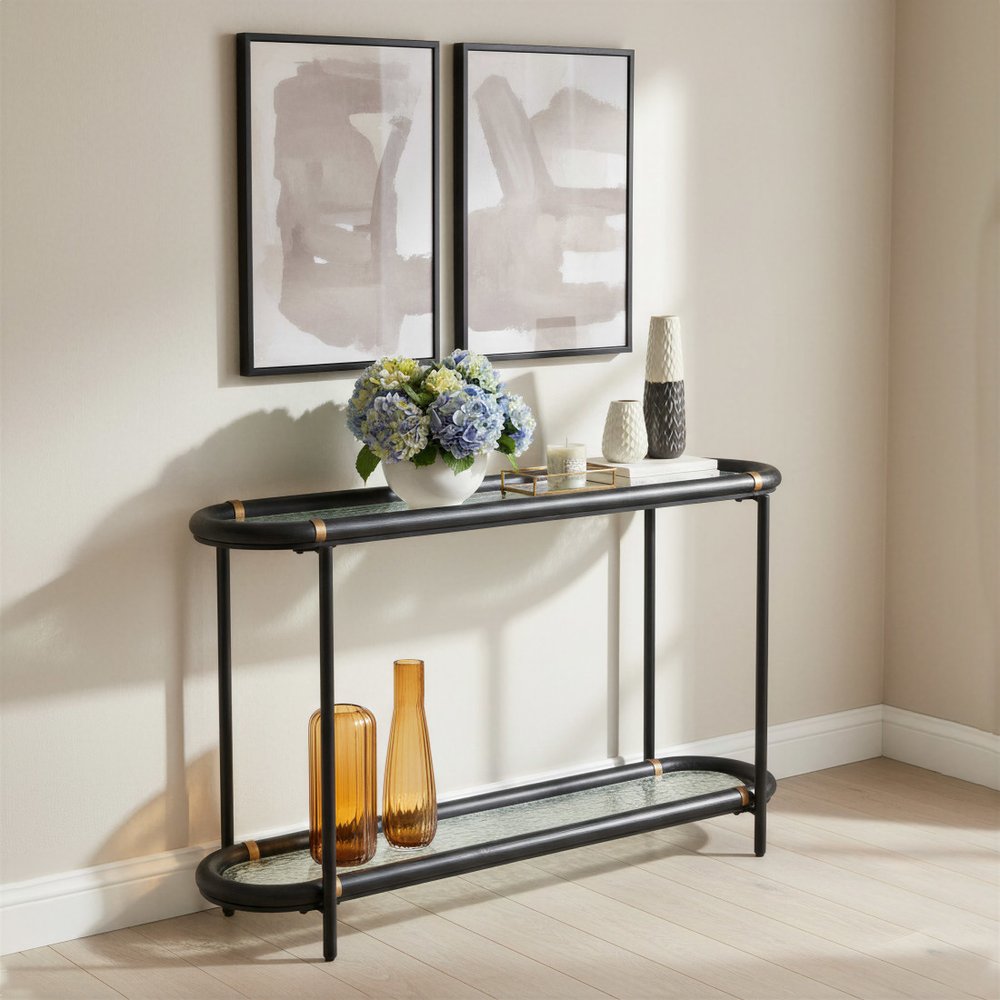 52" Black and Clear Glass Solid Wood and Steel Oval Console Table With Shelf HomeRoots
