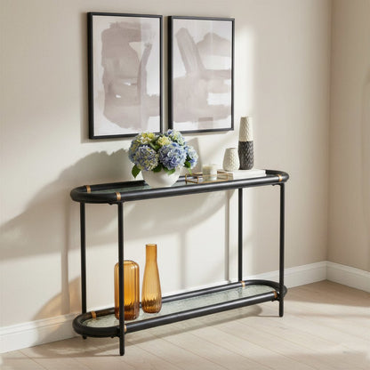 52" Black and Clear Glass Solid Wood and Steel Oval Console Table With Shelf HomeRoots