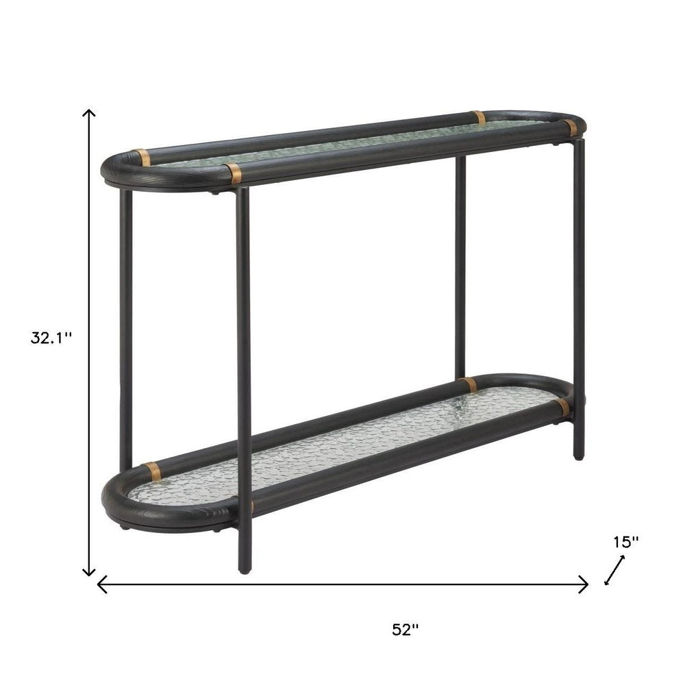 52" Black and Clear Glass Solid Wood and Steel Oval Console Table With Shelf HomeRoots