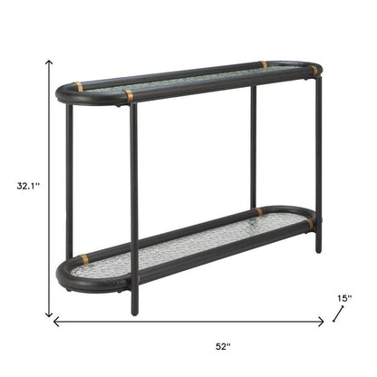 52" Black and Clear Glass Solid Wood and Steel Oval Console Table With Shelf HomeRoots