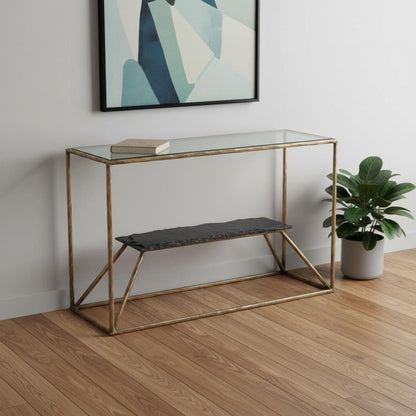 48" Clear and Brass Glass Iron and Stone Frame Console Table With Shelf HomeRoots