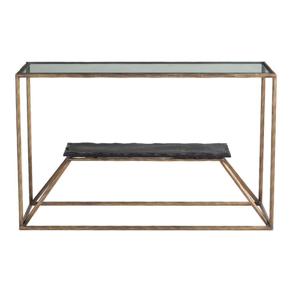 48" Clear and Brass Glass Iron and Stone Frame Console Table With Shelf HomeRoots