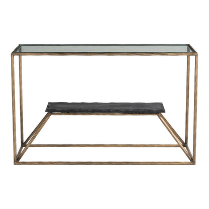 48" Clear and Brass Glass Iron and Stone Frame Console Table With Shelf HomeRoots