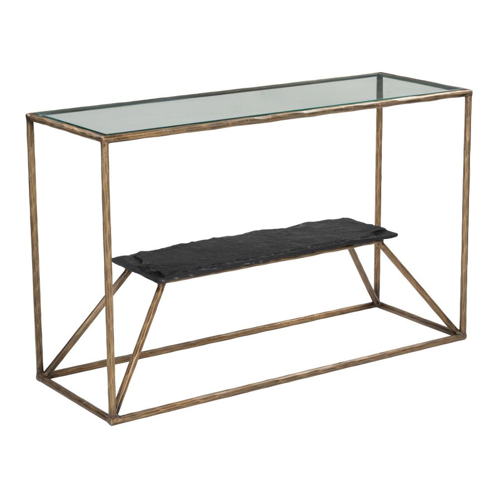 48" Clear and Brass Glass Iron and Stone Frame Console Table With Shelf HomeRoots