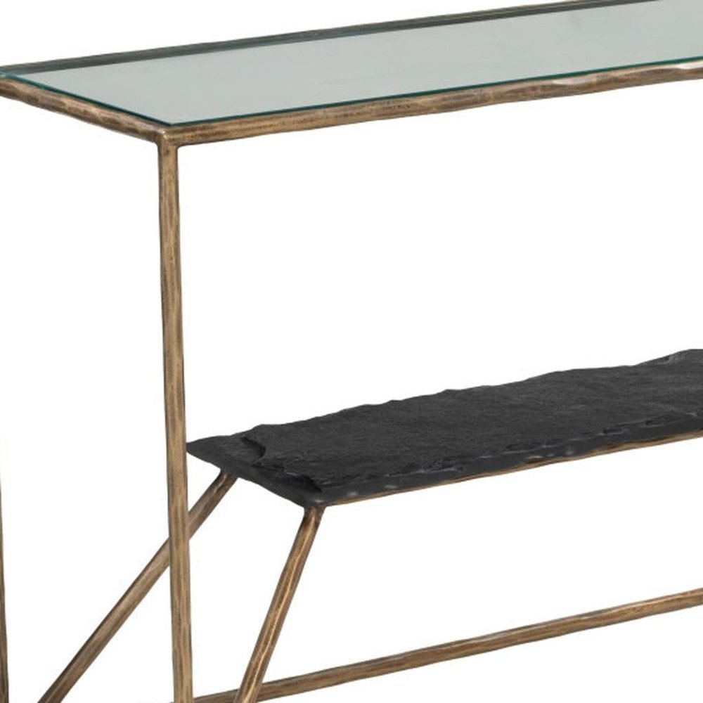 48" Clear and Brass Glass Iron and Stone Frame Console Table With Shelf HomeRoots