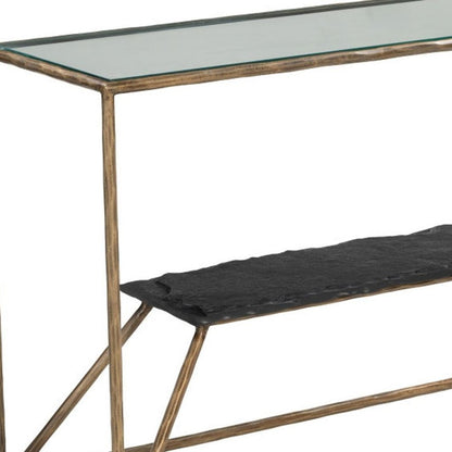 48" Clear and Brass Glass Iron and Stone Frame Console Table With Shelf HomeRoots