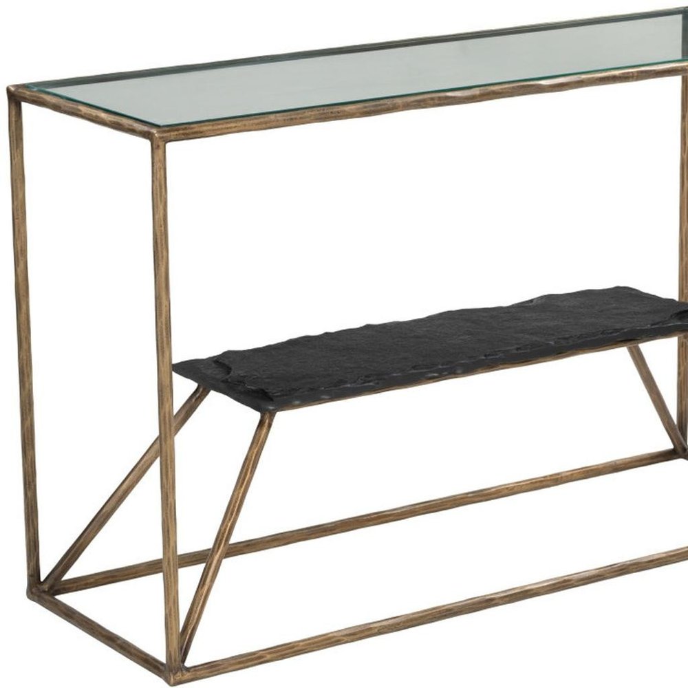 48" Clear and Brass Glass Iron and Stone Frame Console Table With Shelf HomeRoots