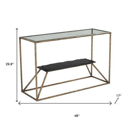 48" Clear and Brass Glass Iron and Stone Frame Console Table With Shelf HomeRoots